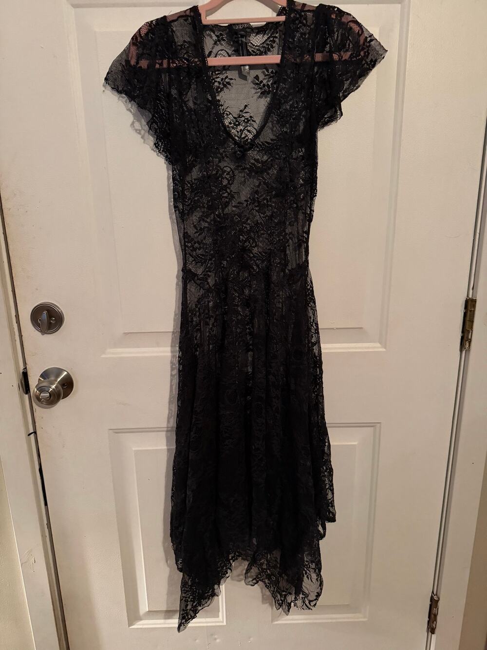 Widow by Dolls Kill Black Lace Dress Womens M Goth Romantic High Low Sheer